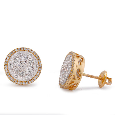 14K Yellow Gold 2CT Halo Flower Cluster Round Shape Natural Diamond Men Women Earrings - Elite Jewelers-Earrings