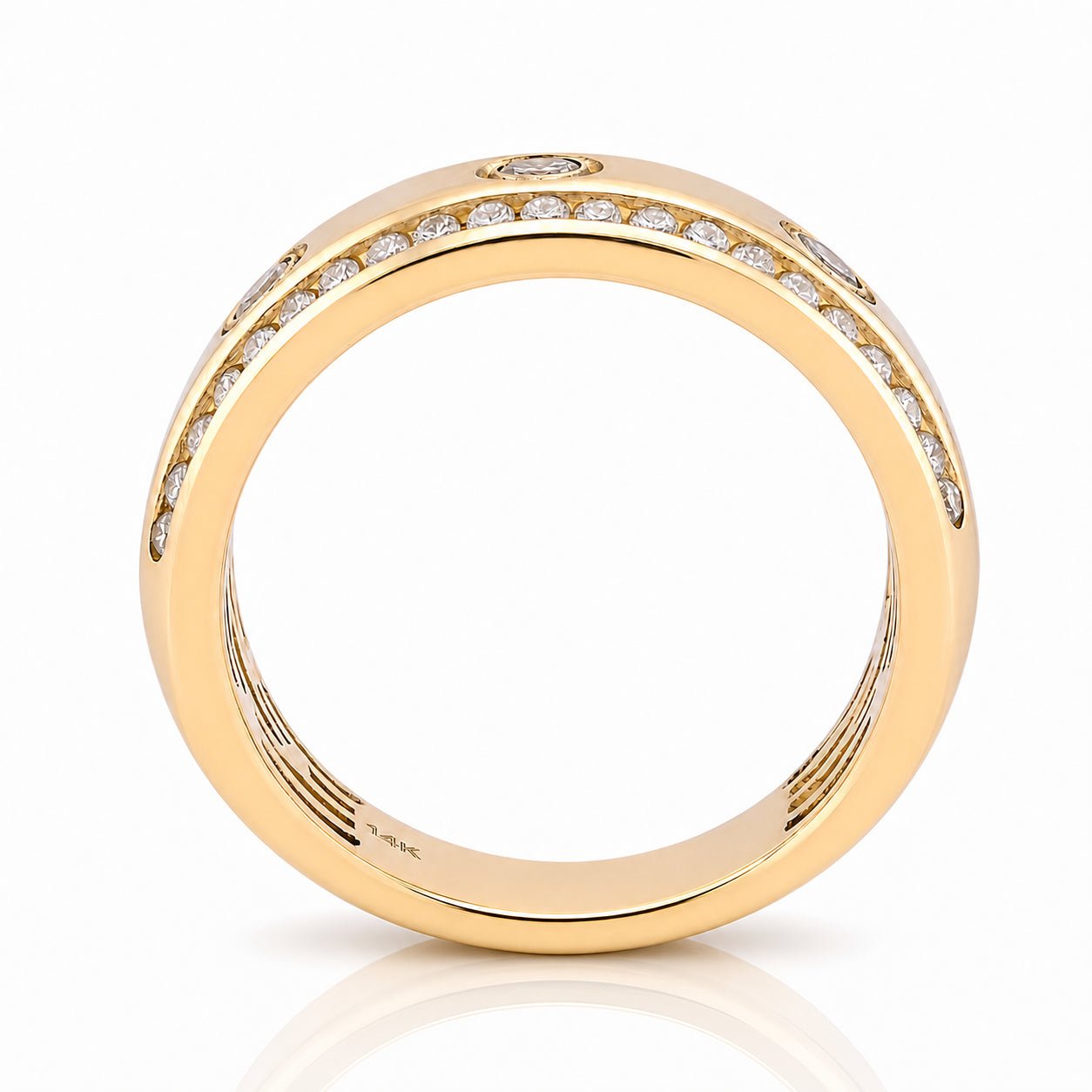 14K Yellow Gold 3 Stone Centre 2 Row Edge Lab Diamond Men Ring Band - Elite Jewelers - Rings