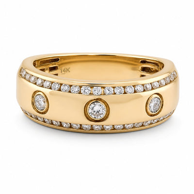14K Yellow Gold 3 Stone Centre 2 Row Edge Lab Diamond Men Ring Band - Elite Jewelers - Rings