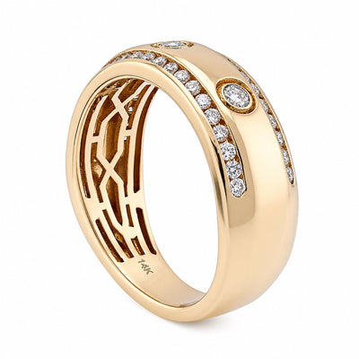 14K Yellow Gold 3 Stone Centre 2 Row Edge Lab Diamond Men Ring Band - Elite Jewelers - Rings