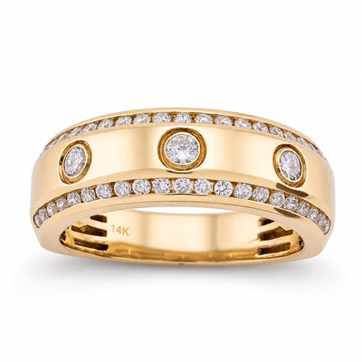 14K Yellow Gold 3 Stone Centre 2 Row Edge Lab Diamond Men Ring Band - Elite Jewelers - Rings