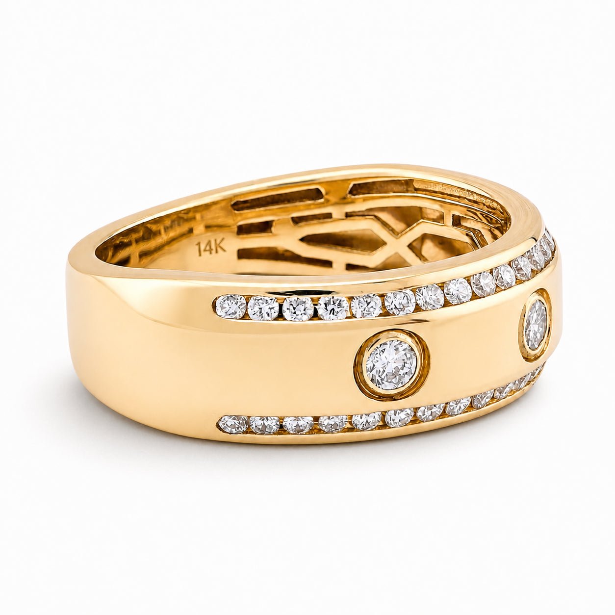 14K Yellow Gold 3 Stone Centre 2 Row Edge Lab Diamond Men Ring Band - Elite Jewelers - Rings