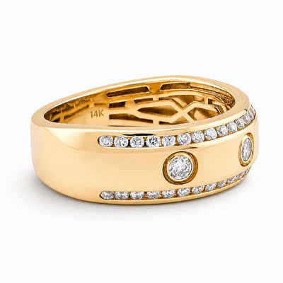 14K Yellow Gold 3 Stone Centre 2 Row Edge Lab Diamond Men Ring Band - Elite Jewelers - Rings