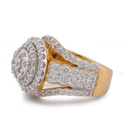 14K Yellow Gold 3CT Halo Cluster Round Centre Natural Diamond Multi Row Women Ring - Elite Jewelers-Rings
