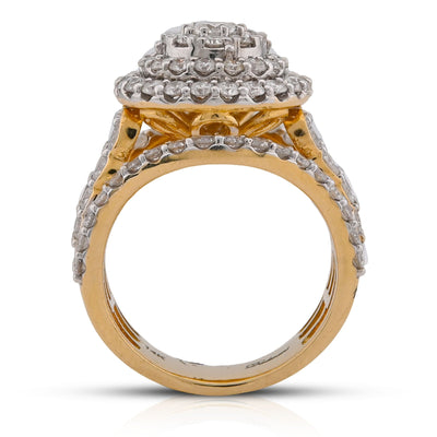 14K Yellow Gold 3CT Halo Cluster Round Centre Natural Diamond Multi Row Women Ring - Elite Jewelers-Rings