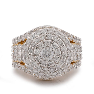 14K Yellow Gold 3CT Halo Cluster Round Centre Natural Diamond Multi Row Women Ring - Elite Jewelers-Rings
