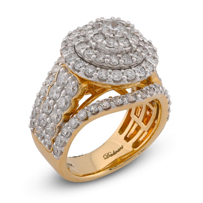 14K Yellow Gold 3CT Halo Cluster Round Centre Natural Diamond Multi Row Women Ring - Elite Jewelers-Rings