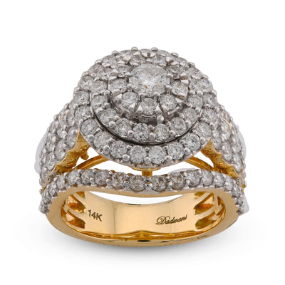 14K Yellow Gold 3CT Halo Cluster Round Centre Natural Diamond Multi Row Women Ring - Elite Jewelers-Rings