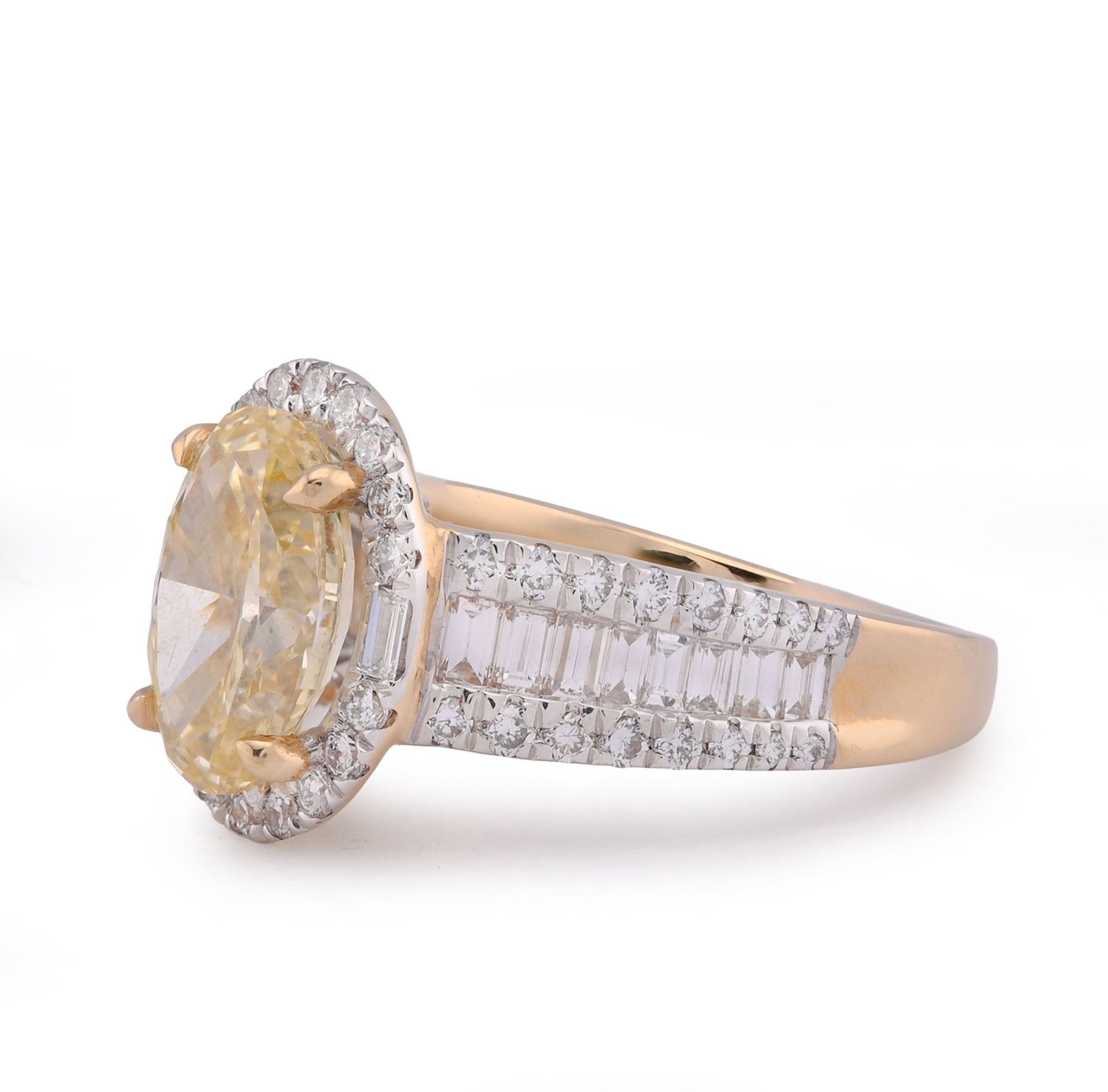 14K Yellow Gold 3CT Oval Solitaire Halo Baguette Side 4.25TC Lab Diamond Women Ring - Elite Jewelers - Rings