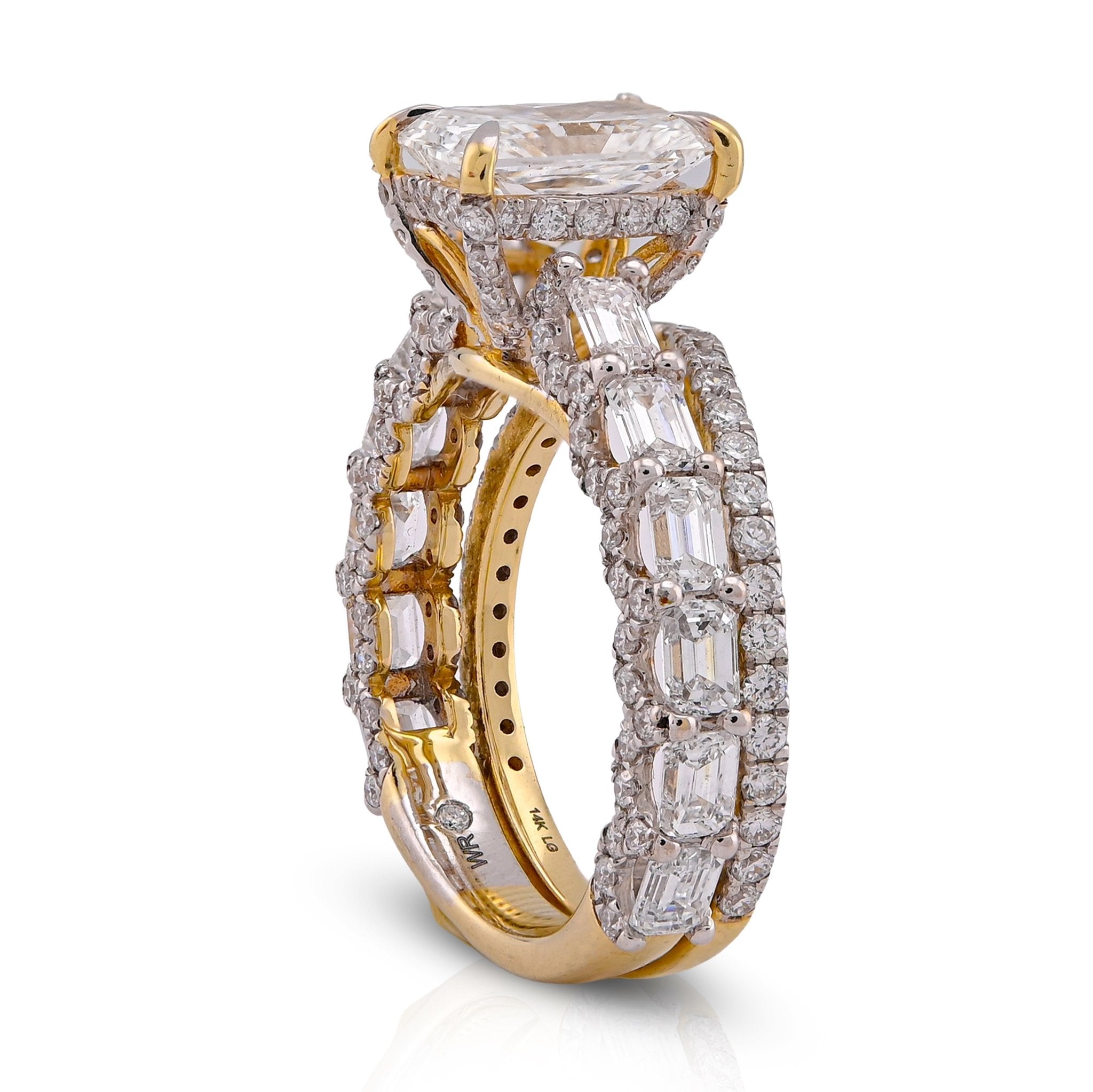 14K Yellow Gold 4.75CT Radiant Solitaire Centre Emerald Side Designer Lab Diamond Women Ring with Band - Elite Jewelers-Rings