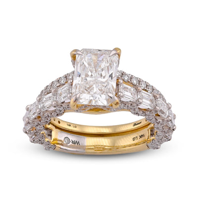14K Yellow Gold 4.75CT Radiant Solitaire Centre Emerald Side Designer Lab Diamond Women Ring with Band - Elite Jewelers-Rings