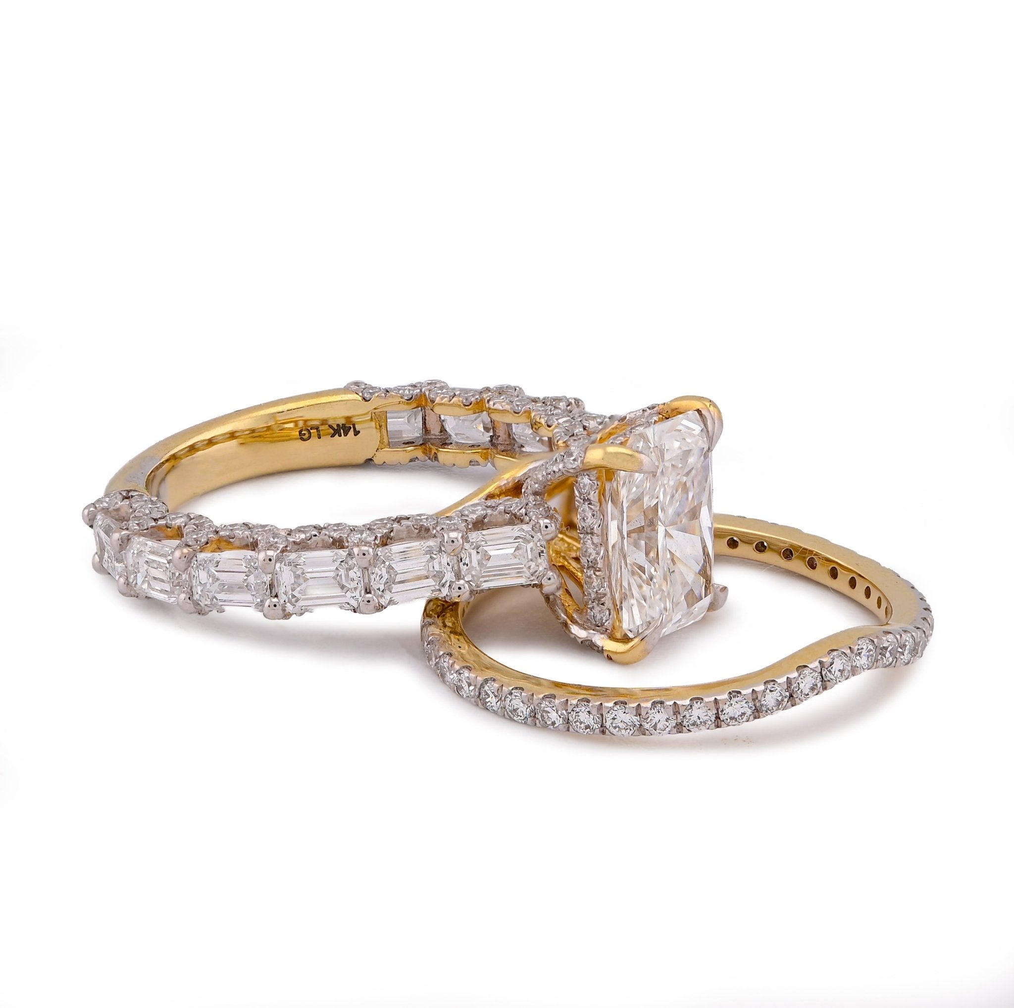14K Yellow Gold 4.75CT Radiant Solitaire Centre Emerald Side Designer Lab Diamond Women Ring with Band - Elite Jewelers-Rings