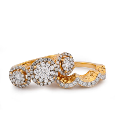 14K Yellow Gold 5CT Natural Diamond 3 Circular Round Flower Cluster Women Ring - Elite Jewelers-Rings
