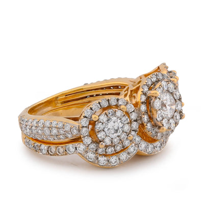 14K Yellow Gold 5CT Natural Diamond 3 Circular Round Flower Cluster Women Ring - Elite Jewelers-Rings
