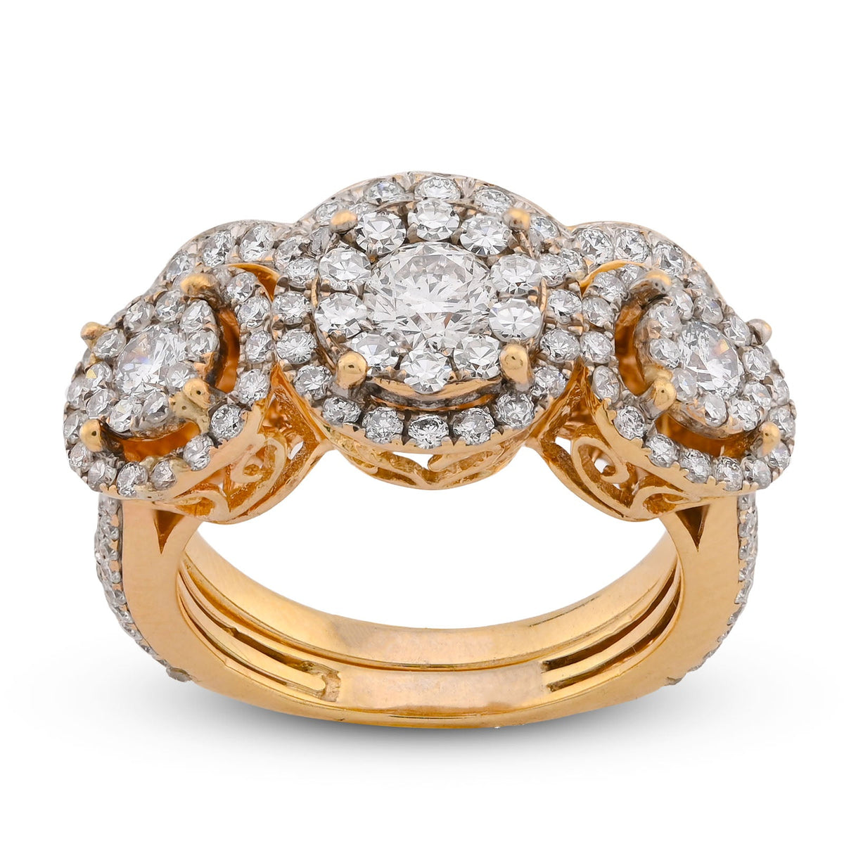 14K Yellow Gold 5CT Natural Diamond 3 Circular Round Flower Cluster Women Ring - Elite Jewelers-Rings