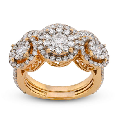 14K Yellow Gold 5CT Natural Diamond 3 Circular Round Flower Cluster Women Ring - Elite Jewelers-Rings