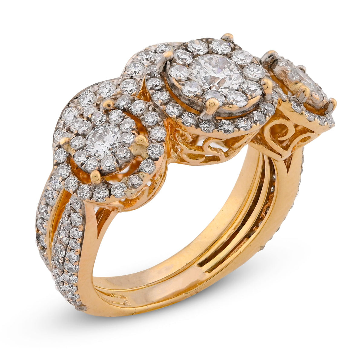 14K Yellow Gold 5CT Natural Diamond 3 Circular Round Flower Cluster Women Ring - Elite Jewelers-Rings