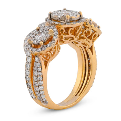 14K Yellow Gold 5CT Natural Diamond 3 Circular Round Flower Cluster Women Ring - Elite Jewelers-Rings