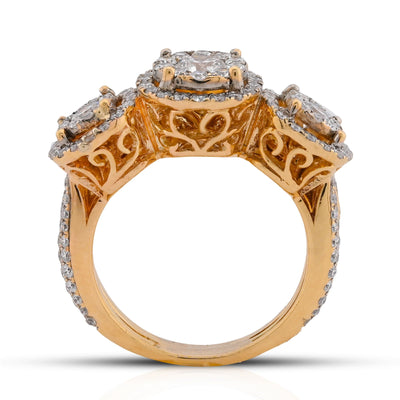 14K Yellow Gold 5CT Natural Diamond 3 Circular Round Flower Cluster Women Ring - Elite Jewelers-Rings