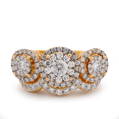 14K Yellow Gold 5CT Natural Diamond 3 Circular Round Flower Cluster Women Ring - Elite Jewelers-Rings