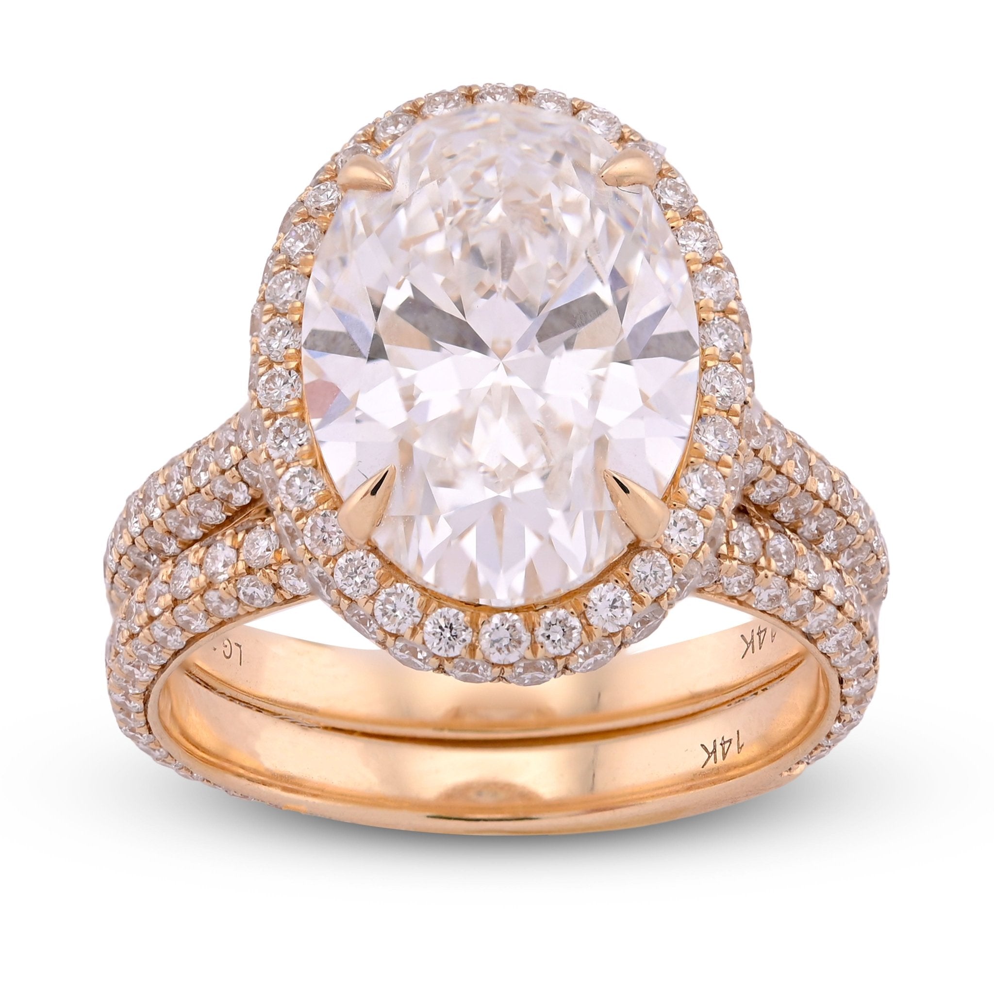 14K Yellow Gold Oval Shape 5.1CT Centre Solitaire 6.9TC Lab Diamond side Round Lab Diamond Women Ring with Band - Elite Jewelers - Rings