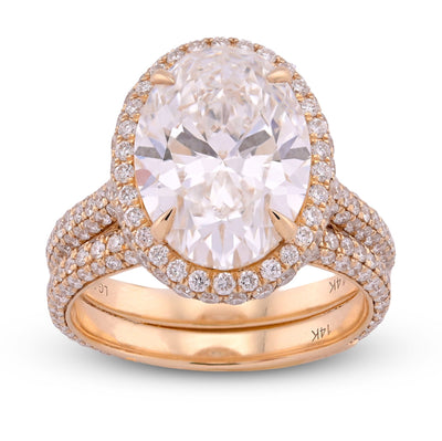 14K Yellow Gold Oval Shape 5.1CT Centre Solitaire 6.9TC Lab Diamond side Round Lab Diamond Women Ring with Band - Elite Jewelers - Rings