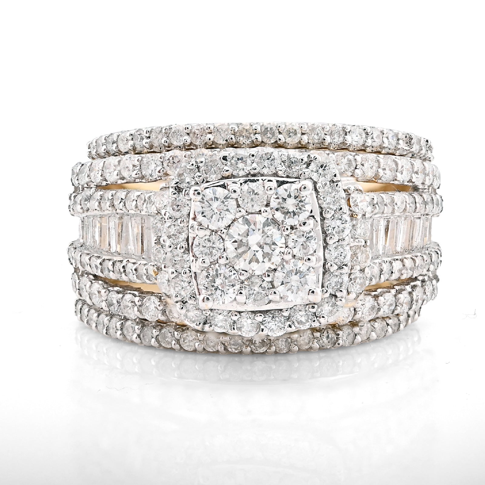 14K yellow Gold Round/Baguette 2.10CT Natural Diamond 3 band Square centre Women Wedding Ring Band - Elite Jewelers - Rings