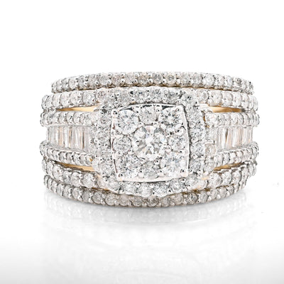 14K yellow Gold Round/Baguette 2.10CT Natural Diamond 3 band Square centre Women Wedding Ring Band - Elite Jewelers - Rings