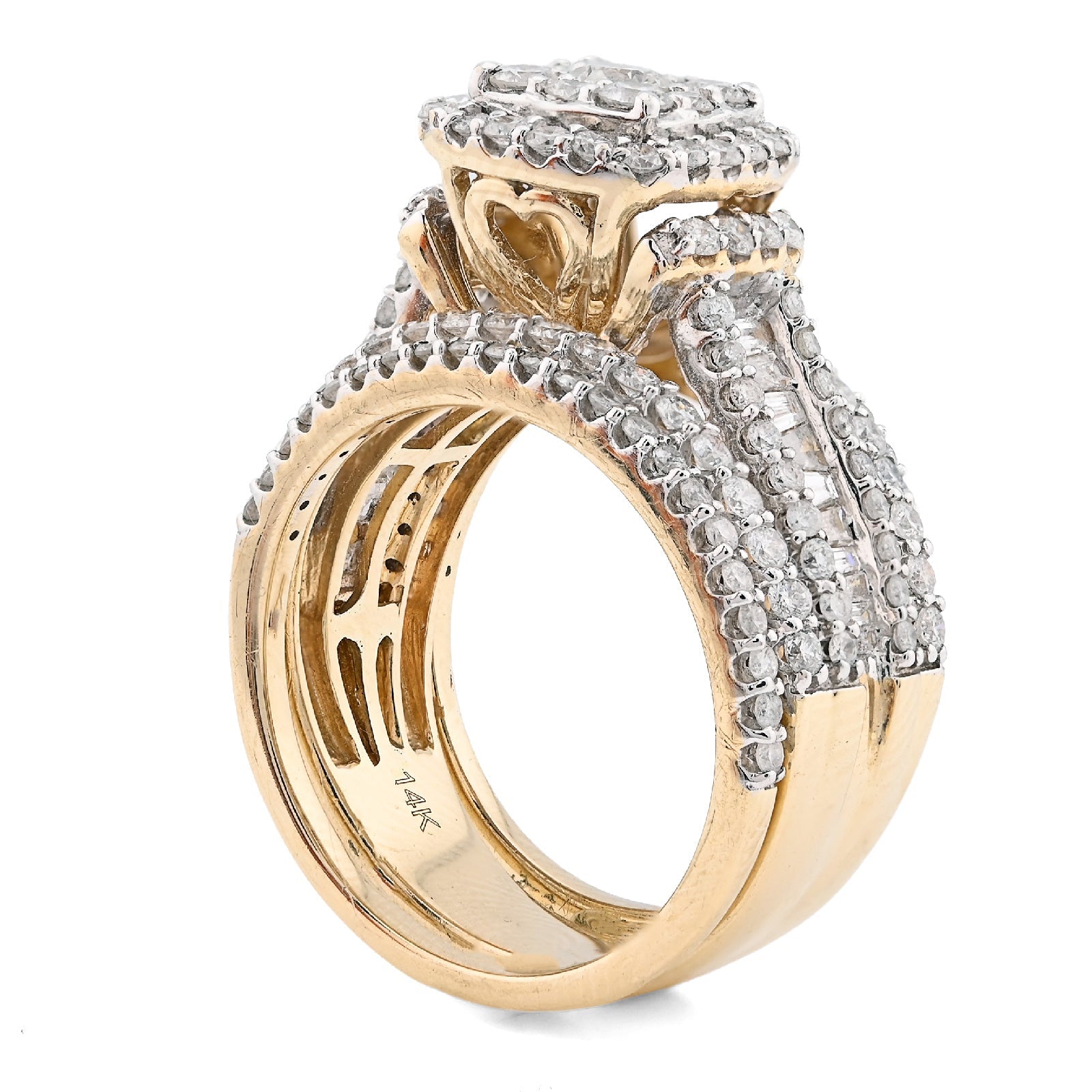 14K yellow Gold Round/Baguette 2.10CT Natural Diamond 3 band Square centre Women Wedding Ring Band - Elite Jewelers - Rings