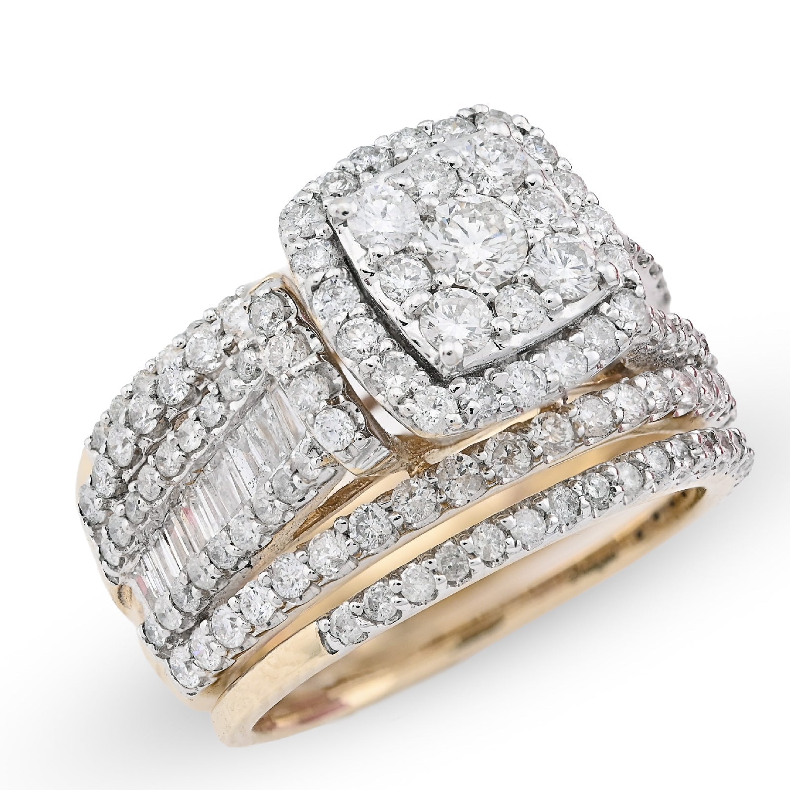 14K yellow Gold Round/Baguette 2.10CT Natural Diamond 3 band Square centre Women Wedding Ring Band - Elite Jewelers - Rings
