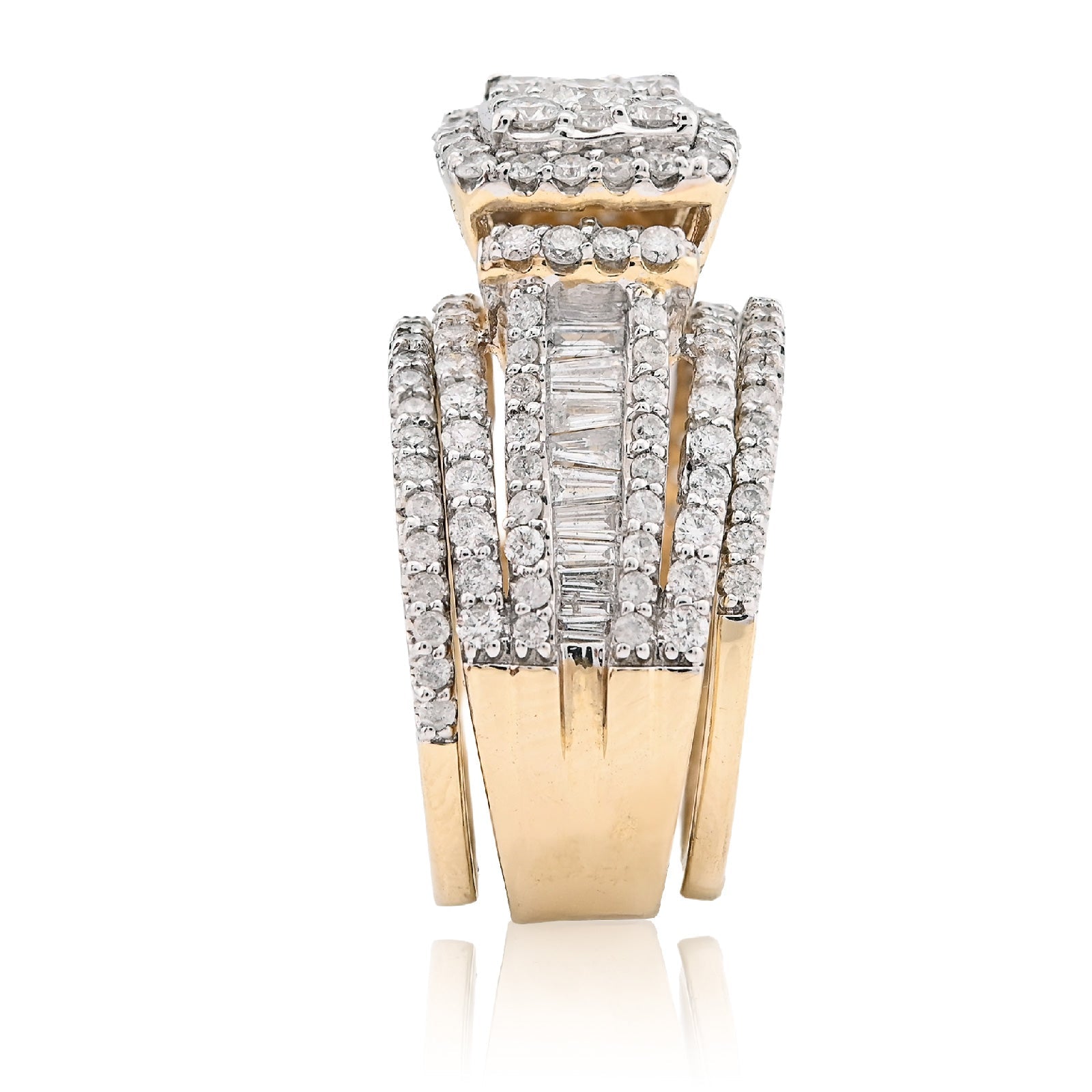 14K yellow Gold Round/Baguette 2.10CT Natural Diamond 3 band Square centre Women Wedding Ring Band - Elite Jewelers - Rings