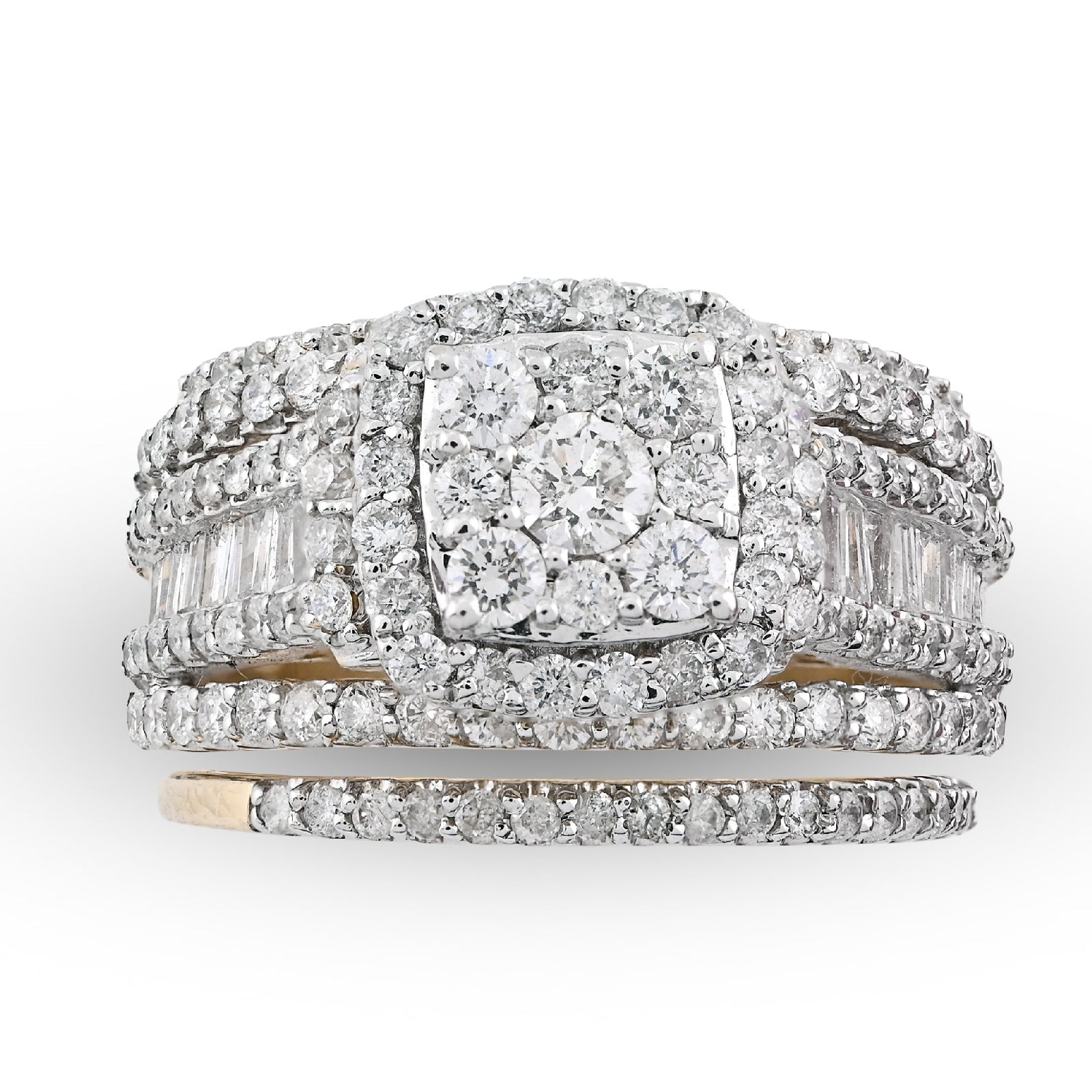 14K yellow Gold Round/Baguette 2.10CT Natural Diamond 3 band Square centre Women Wedding Ring Band - Elite Jewelers - Rings
