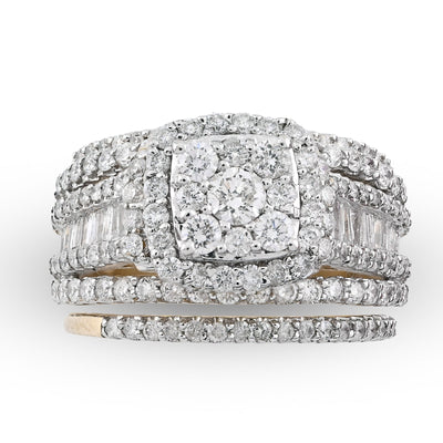14K yellow Gold Round/Baguette 2.10CT Natural Diamond 3 band Square centre Women Wedding Ring Band - Elite Jewelers - Rings
