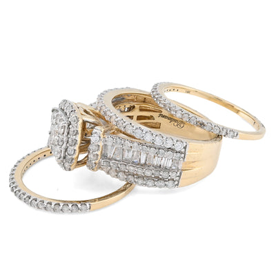 14K yellow Gold Round/Baguette 2.10CT Natural Diamond 3 band Square centre Women Wedding Ring Band - Elite Jewelers - Rings