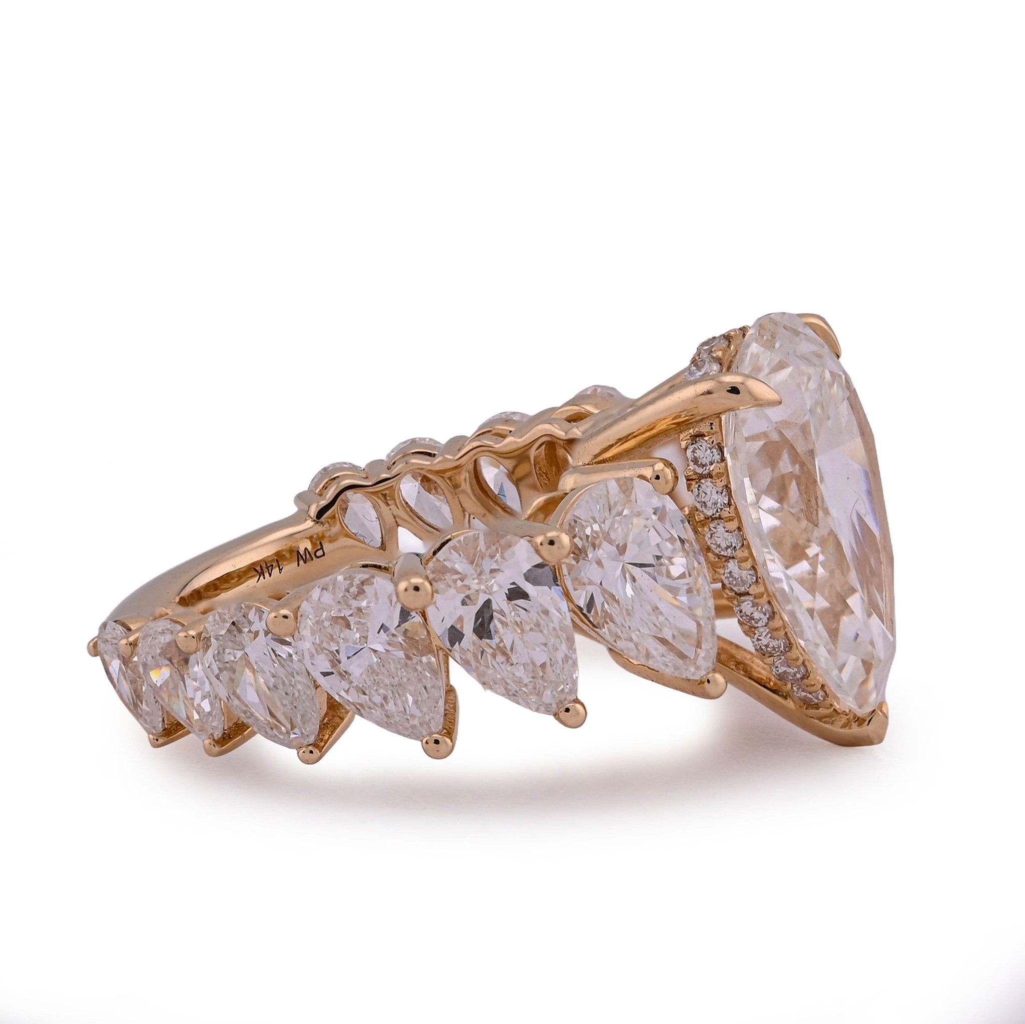 14K Yellow Gold Tear Drop/Pear Shape Solitaire 5CT Centre 9.8TC Side Iced Lab Diamond Women Ring - Elite Jewelers - Rings