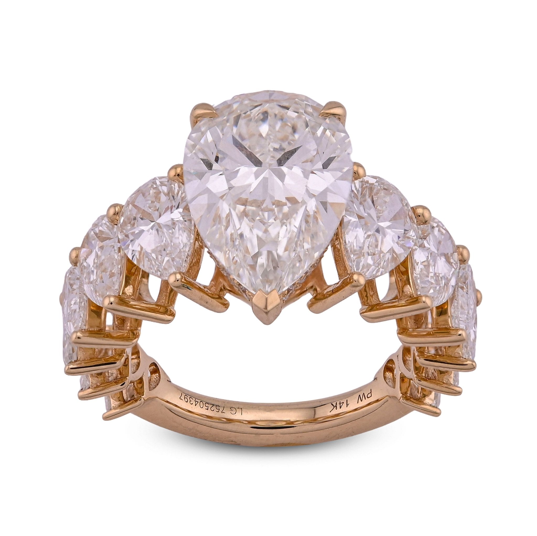 14K Yellow Gold Tear Drop/Pear Shape Solitaire 5CT Centre 9.8TC Side Iced Lab Diamond Women Ring - Elite Jewelers - Rings