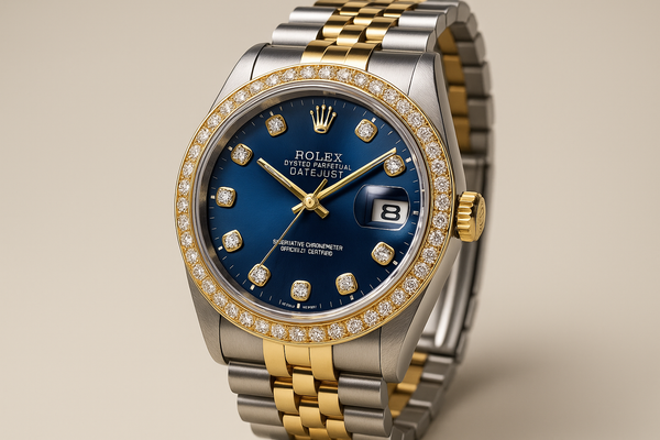 1980s rolex two tone with a blue dial and diamond bezel