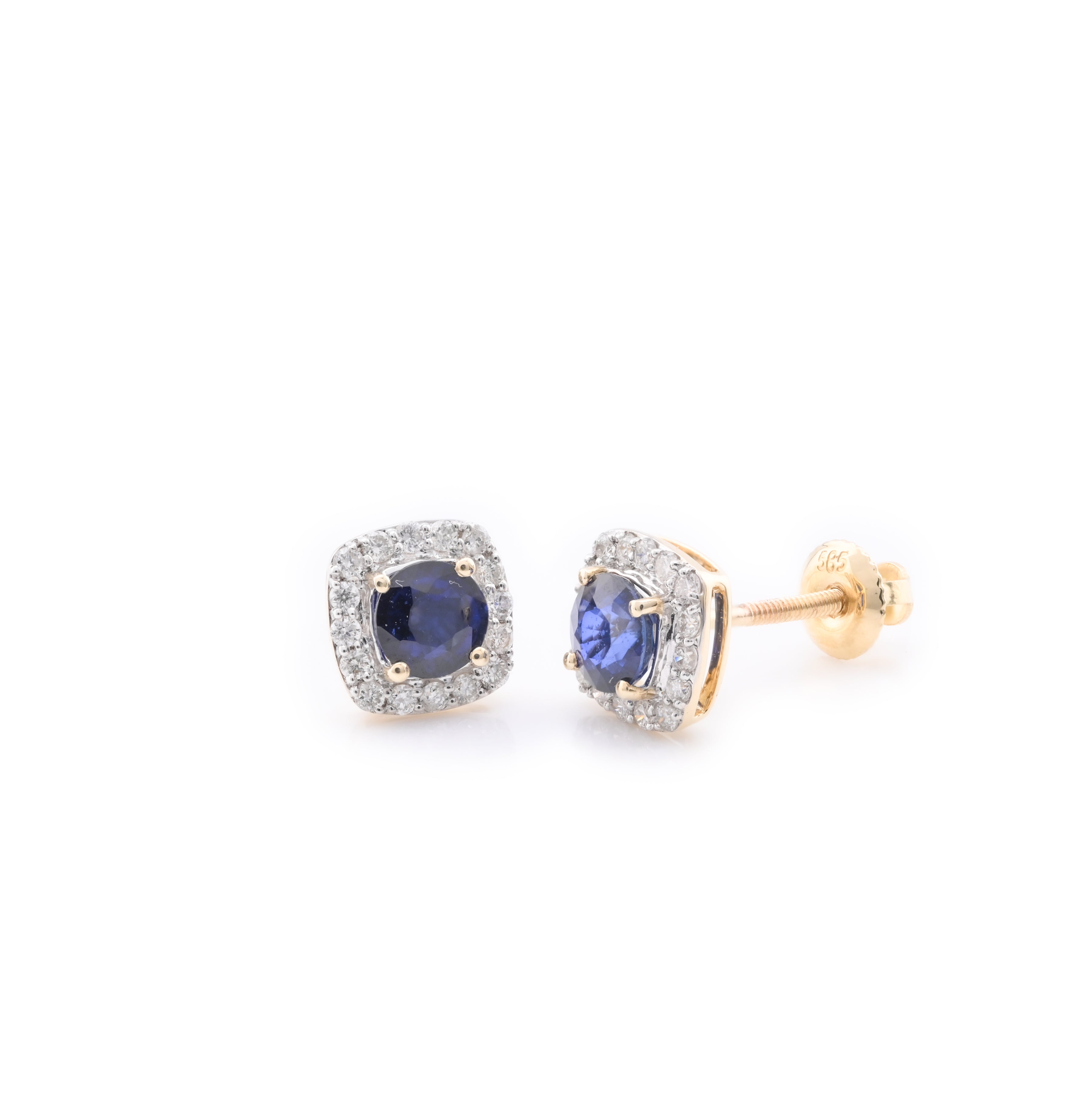 14k Yellow Gold Blue Sapphire and Diamond Halo Stud Earrings