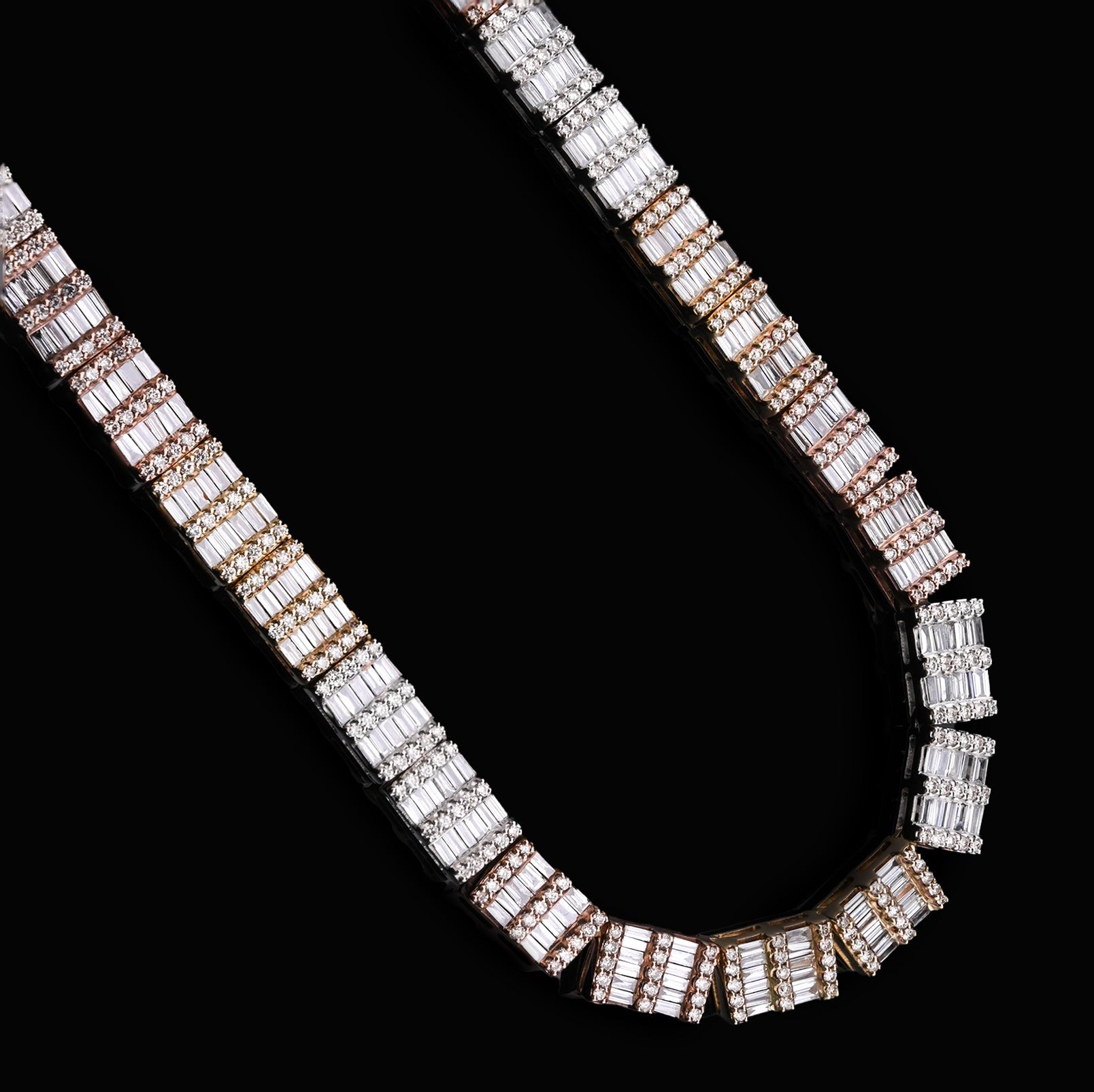 10K Yellow, White and Rose Gold Tricolor 18.50 CTW Baguette Diamond Tennis Necklace 23.5"