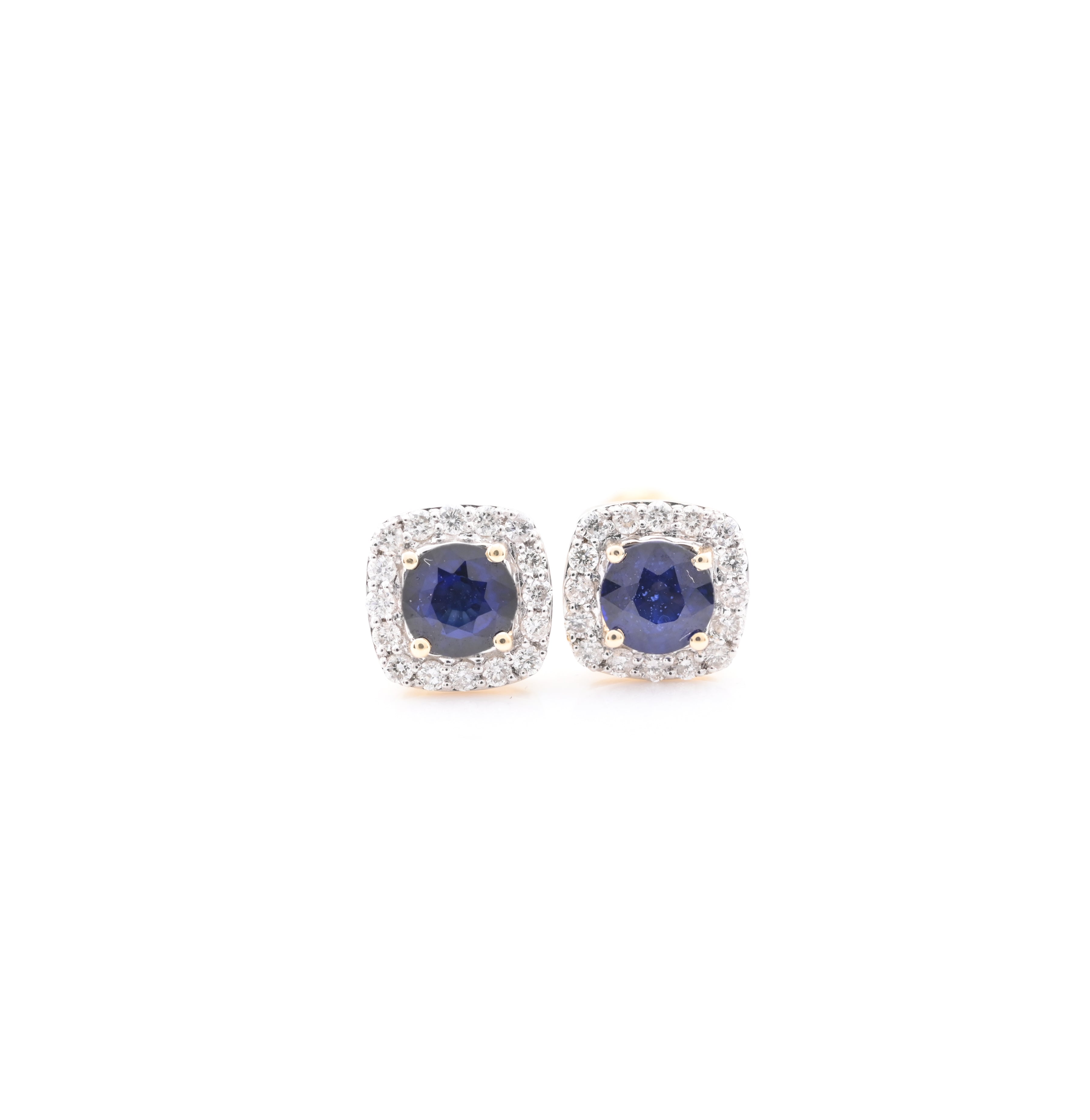 14k Yellow Gold Blue Sapphire and Diamond Halo Stud Earrings