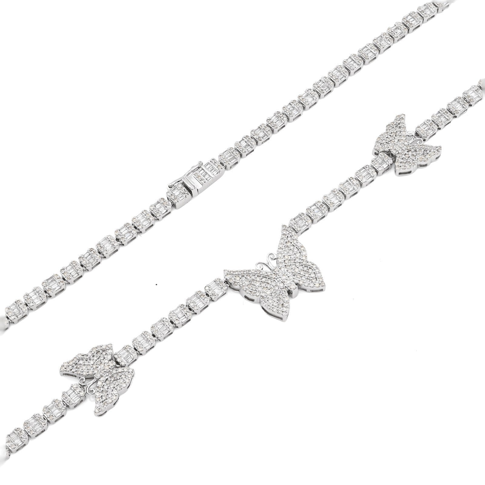3.5MM 10k White Gold 5.48CTW Round/Baguette Diamond 26.5g Butterfly Tennis Chain - Elite Jewelers - Necklaces & Chains