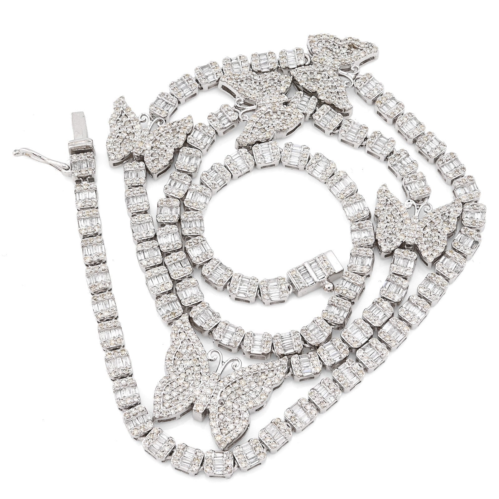3.5MM 10k White Gold 5.48CTW Round/Baguette Diamond 26.5g Butterfly Tennis Chain - Elite Jewelers - Necklaces & Chains
