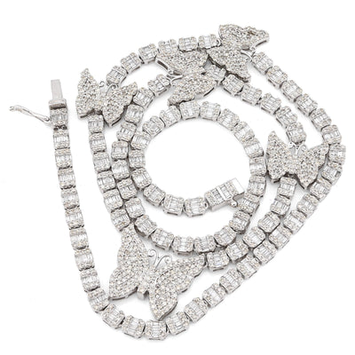 3.5MM 10k White Gold 5.48CTW Round/Baguette Diamond 26.5g Butterfly Tennis Chain - Elite Jewelers - Necklaces & Chains