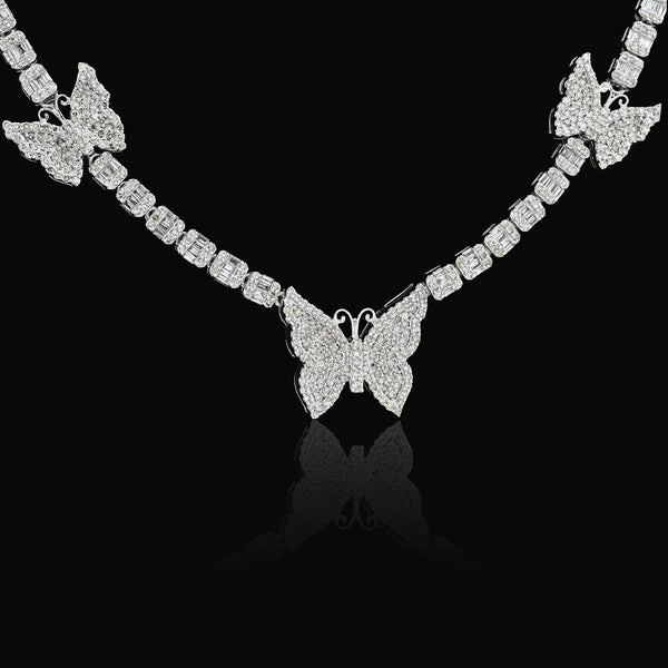 3.5MM 10k White Gold 5.48CTW Round/Baguette Diamond 26.5g Butterfly Tennis Chain - Elite Jewelers - Necklaces & Chains