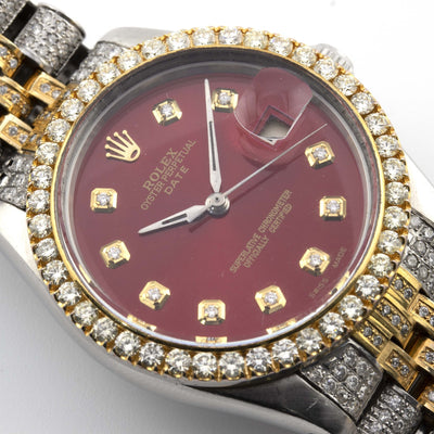 36mm Datejust Fully Iced Out Two Tone Yellow White Jubliee Band Single Row Diamond Bezel Red Diamond Dial - Elite Jewelers - Luxury Watch