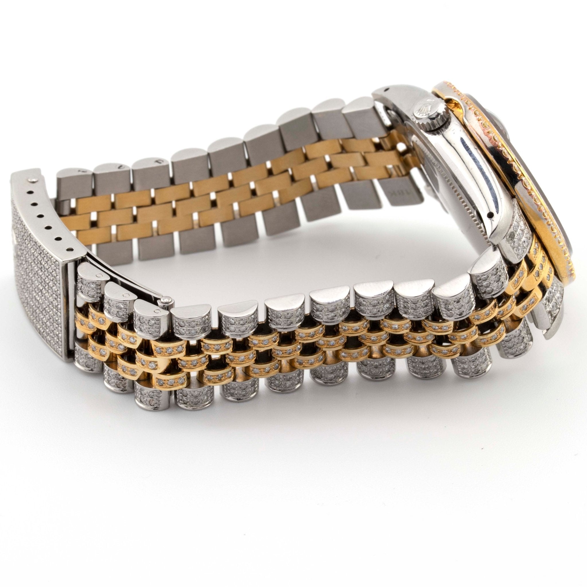 36mm Datejust Fully Iced Out Two Tone Yellow White Jubliee Band Single Row Diamond Bezel Red Diamond Dial - Elite Jewelers - Luxury Watch