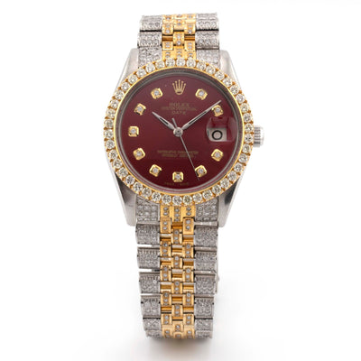 36mm Datejust Fully Iced Out Two Tone Yellow White Jubliee Band Single Row Diamond Bezel Red Diamond Dial - Elite Jewelers - Luxury Watch