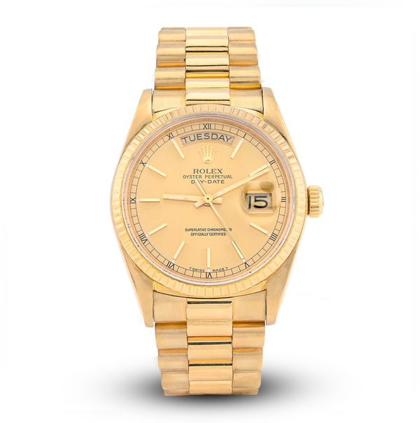 36MM Gold Rolex Day Date Presidential 18k Yellow Fluted Bezel Jubilee Band 128238 - Elite Jewelers - Luxury Watch