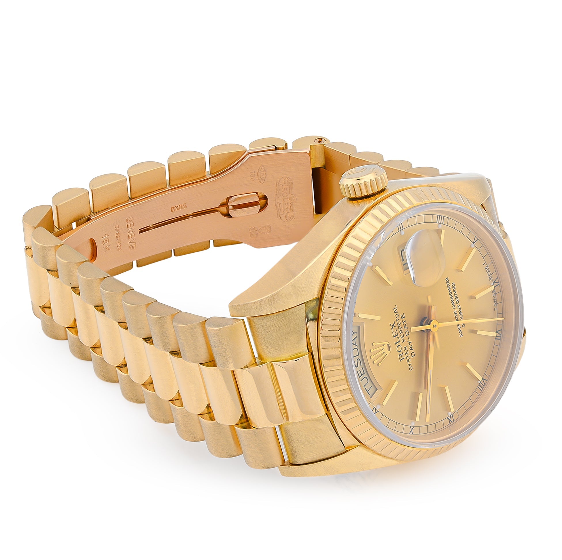 36MM Gold Rolex Day Date Presidential 18k Yellow Fluted Bezel Jubilee Band 128238 - Elite Jewelers - Luxury Watch