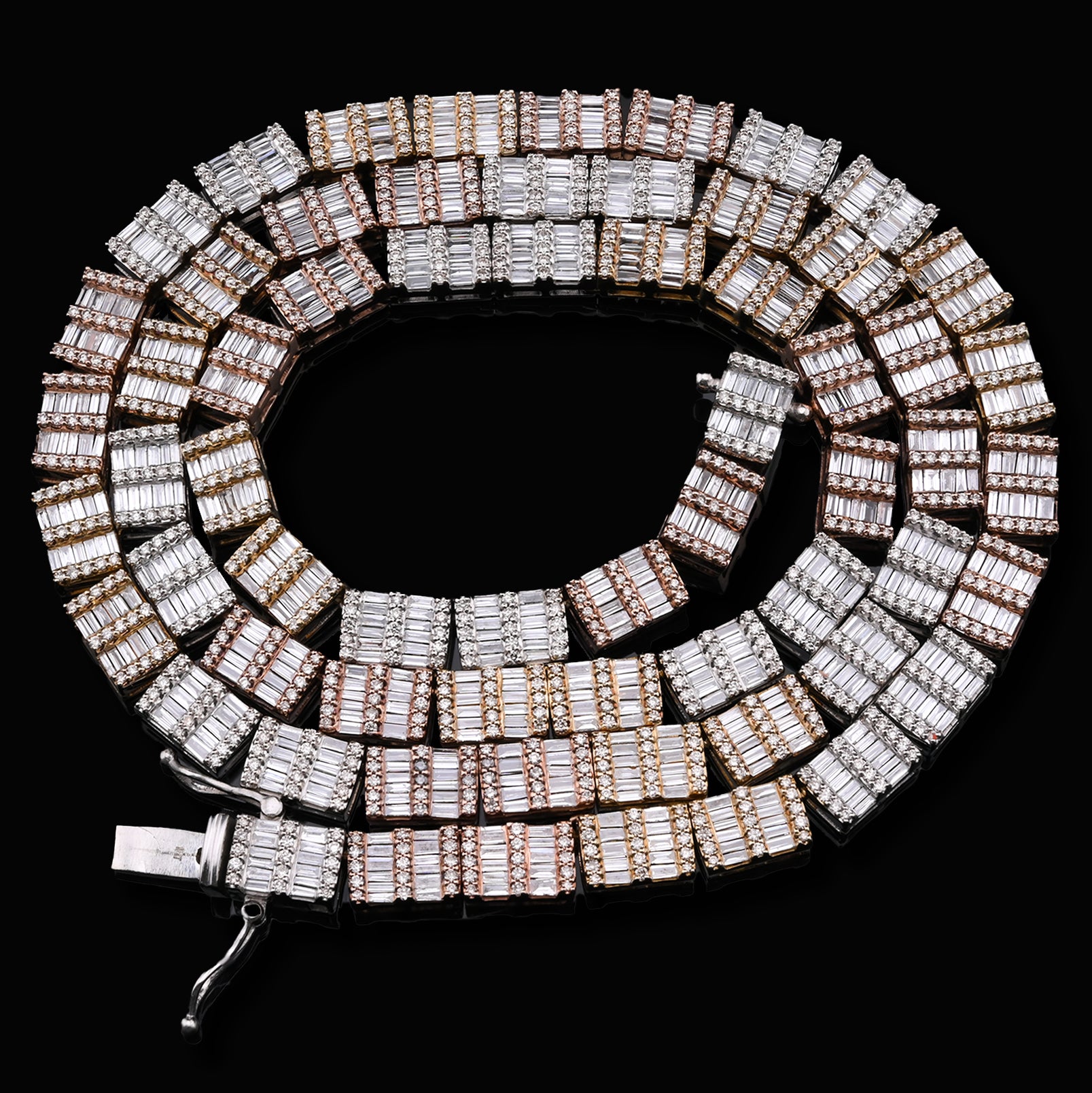 10K Yellow, White and Rose Gold Tricolor 18.50 CTW Baguette Diamond Tennis Necklace 23.5"